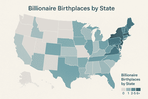 Map of US states showing where the most billionaires were born β darker shading indicates more billionaire birthplaces