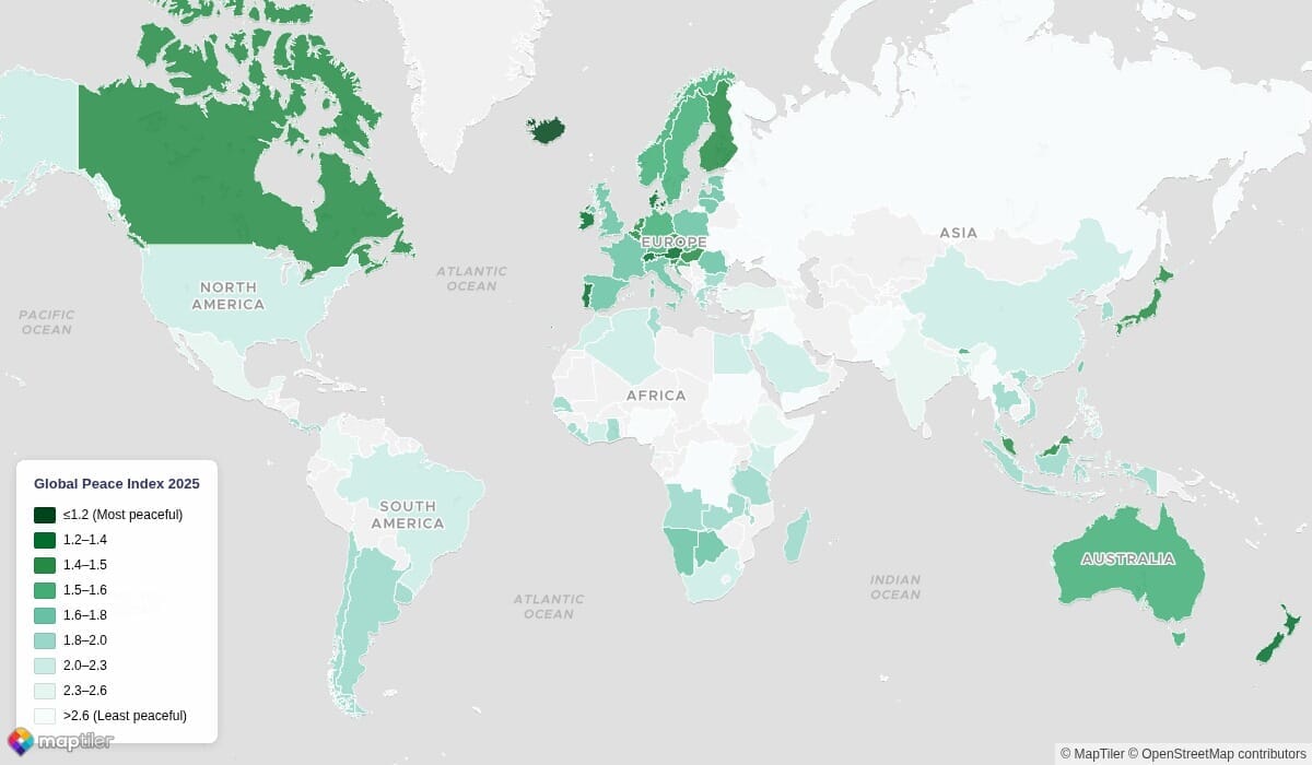 Choropleth map showing Global Peace Index scores worldwide in 2025