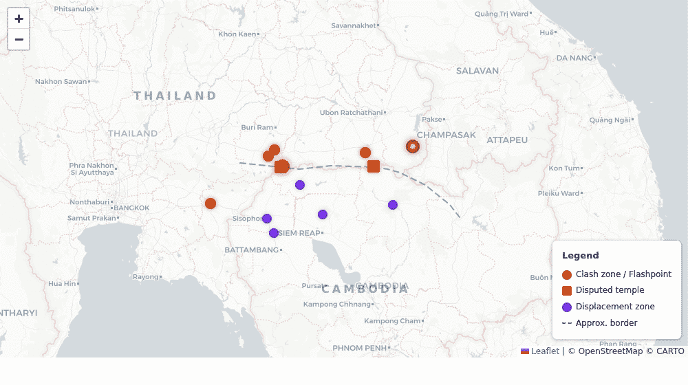 Map showing Thailand-Cambodia border clash zones, disputed temples, and displacement areas