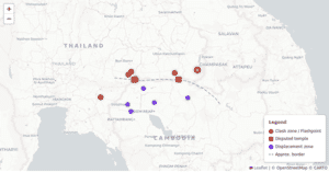 Map showing Thailand-Cambodia border clash zones, disputed temples, and displacement areas