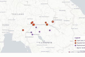 Map showing Thailand-Cambodia border clash zones, disputed temples, and displacement areas