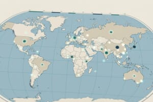 Editorial hero image: stylized world map with illuminated country-level data points, representing the global distribution of unemployment rates in 2026.