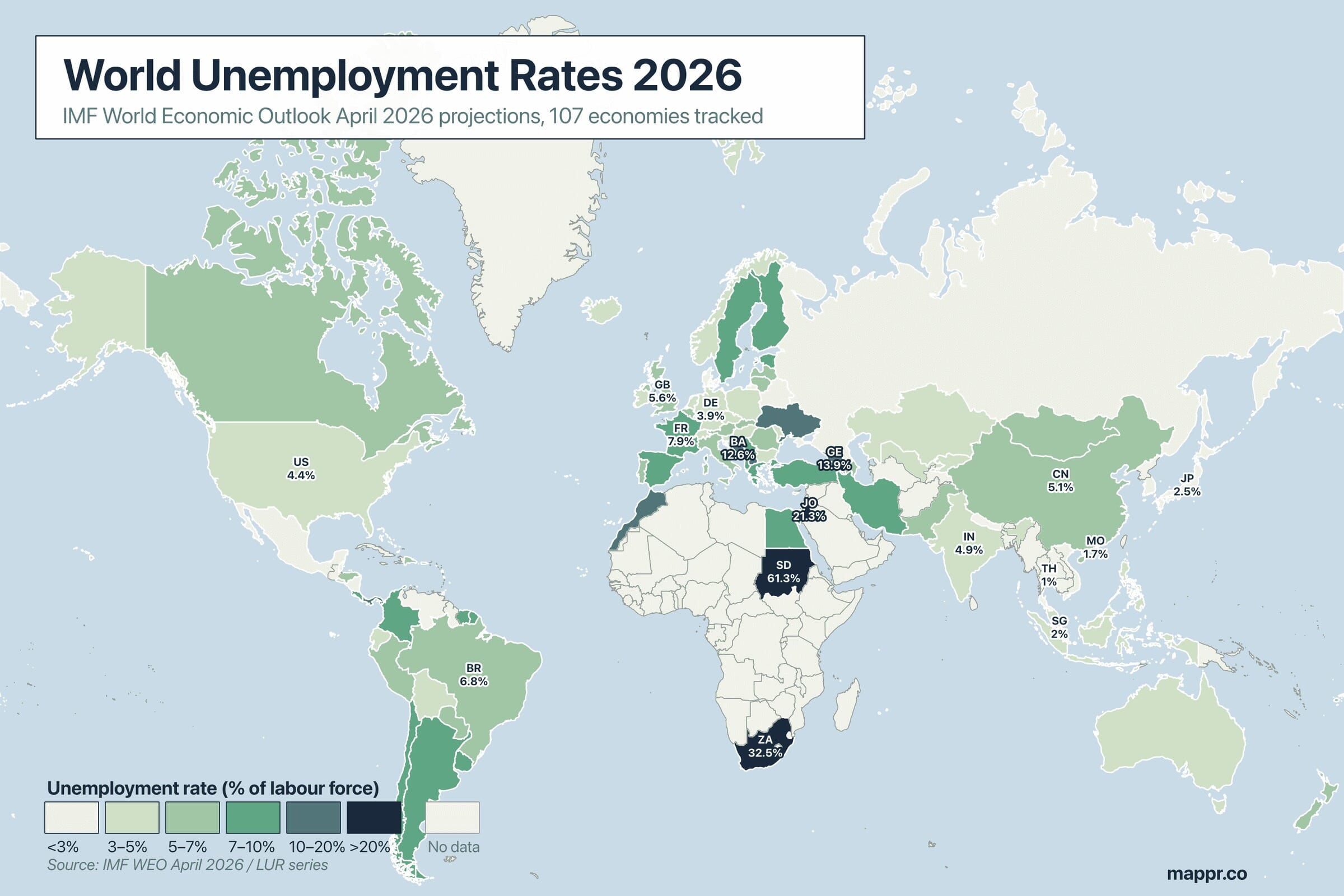 QGIS choropleth of world unemployment rates 2026 — darker is higher, Sudan at 61.3% is the darkest fill, Thailand 1.0% the lightest, warm beige for economies the IMF doesn’t track.