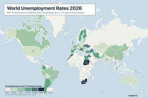 QGIS choropleth of world unemployment rates 2026 — darker is higher, Sudan at 61.3% is the darkest fill, Thailand 1.0% the lightest, warm beige for economies the IMF doesn’t track.