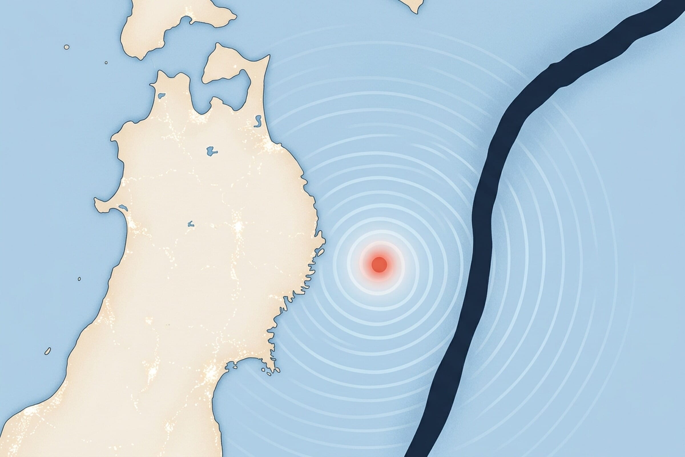 Editorial map showing the M7.4 earthquake epicenter off the Sanriku coast of Japan, with the Japan Trench in deep navy and concentric tsunami-wave ripples spreading toward Iwate Prefecture.