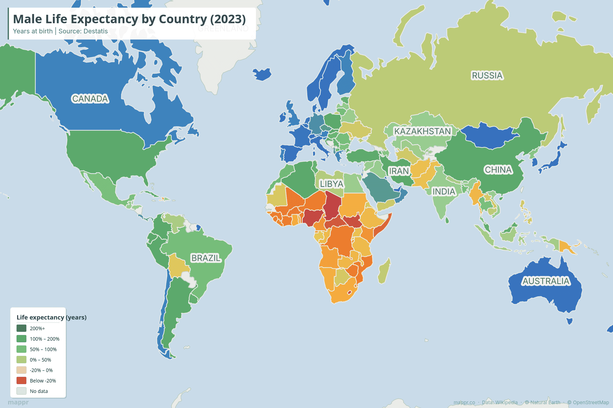 World map showing male life expectancy by country in 2023