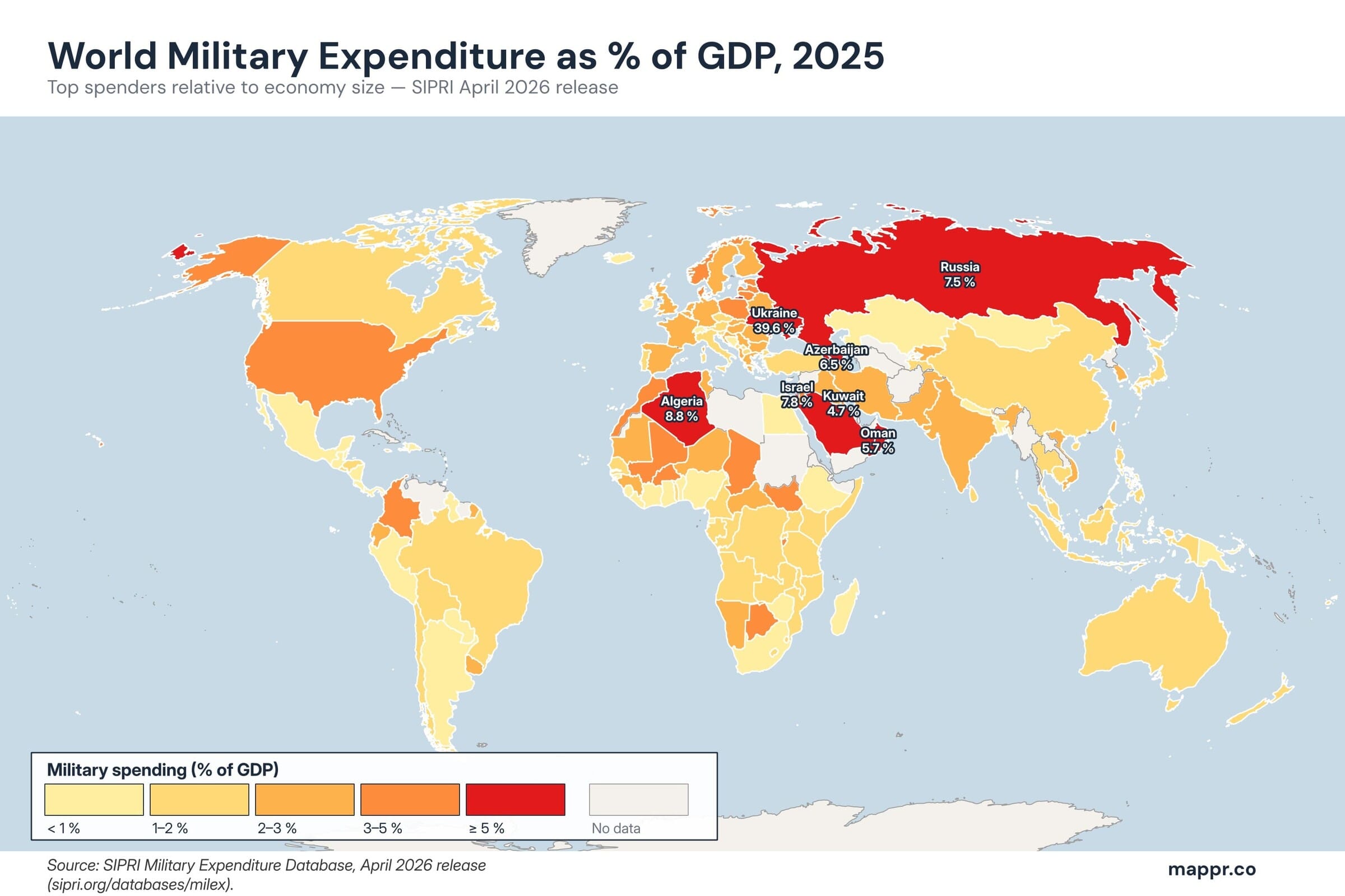 World map of military expenditure as a share of GDP in 2025 — top spenders relative to economy size, with Ukraine, Algeria, Israel, Russia and the Gulf states leading the labelled set.