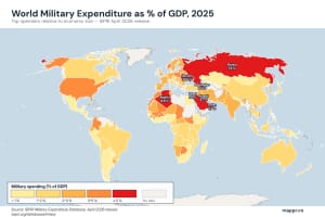 World map of military expenditure as a share of GDP in 2025 — top spenders relative to economy size, with Ukraine, Algeria, Israel, Russia and the Gulf states leading the labelled set.