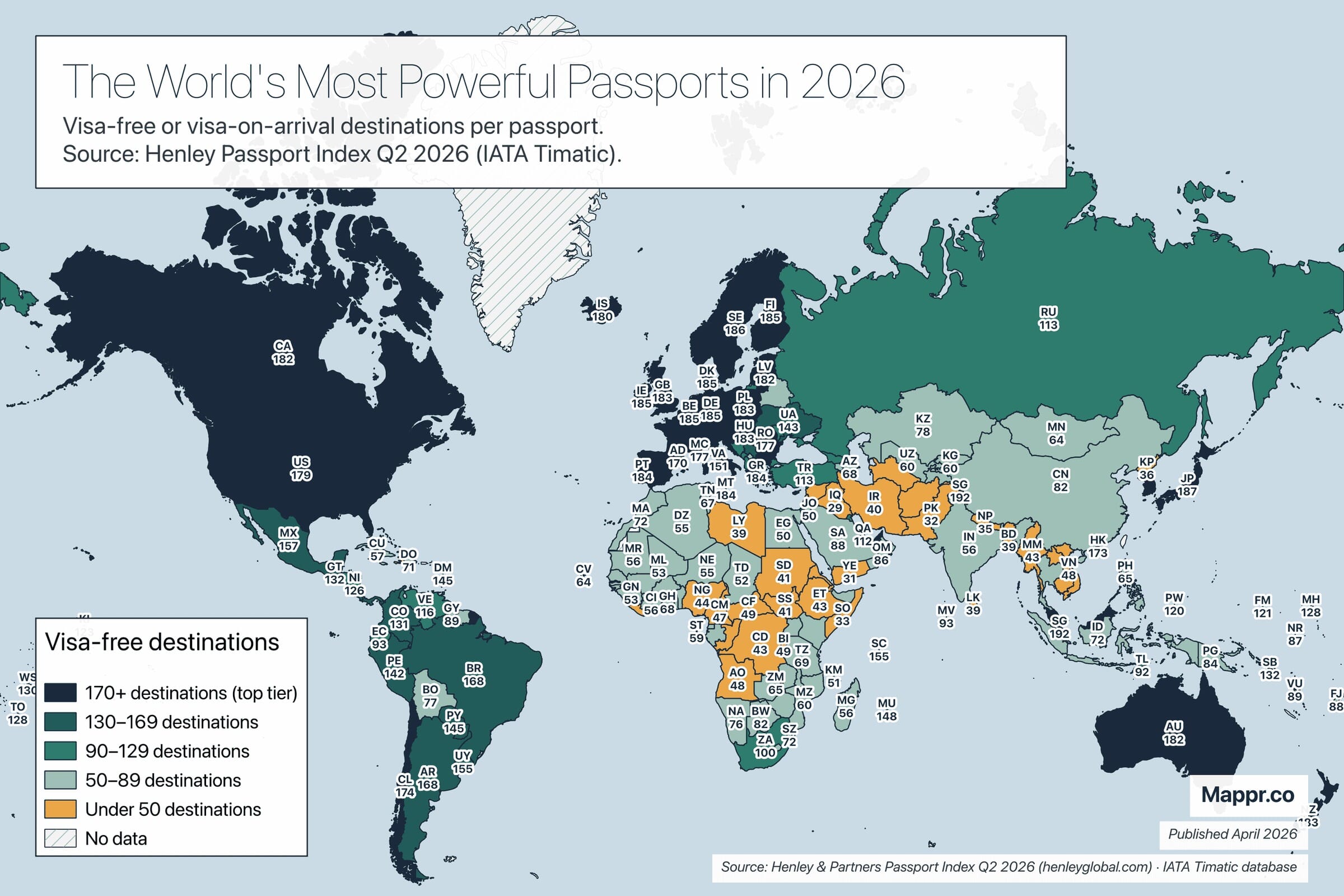 World choropleth map of the 2026 Henley Passport Index — visa-free destinations per passport, Singapore leading at 192, Afghanistan last at 24