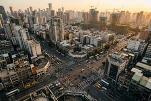 Aerial view of a rapidly growing city with construction cranes and dense urban development