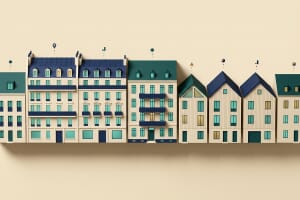 Stylized papercraft European city block — Parisian Haussmann, Central-European Altbau, and Nordic gabled apartment buildings. Most windows glow teal to represent renters, a few glow warm gold to represent owners. Warm cream background, editorial data-journalism aesthetic. Hero image for Mappr tenancy-rates-Europe article.