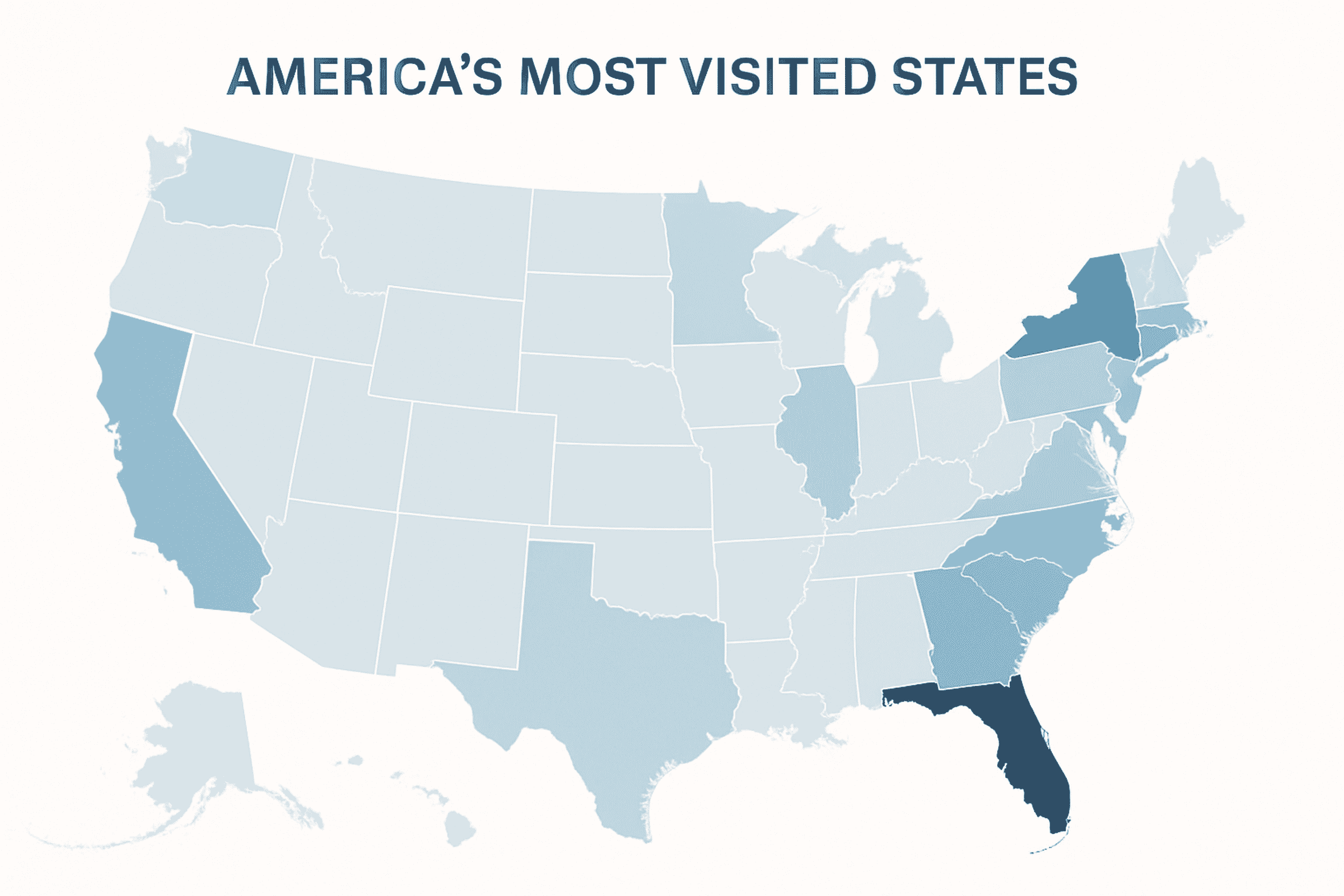 Choropleth map of the United States showing the most visited states by overseas tourists in 2024, with New York, Florida, California, and Nevada highlighted