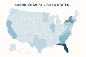 Choropleth map of the United States showing the most visited states by overseas tourists in 2024, with New York, Florida, California, and Nevada highlighted