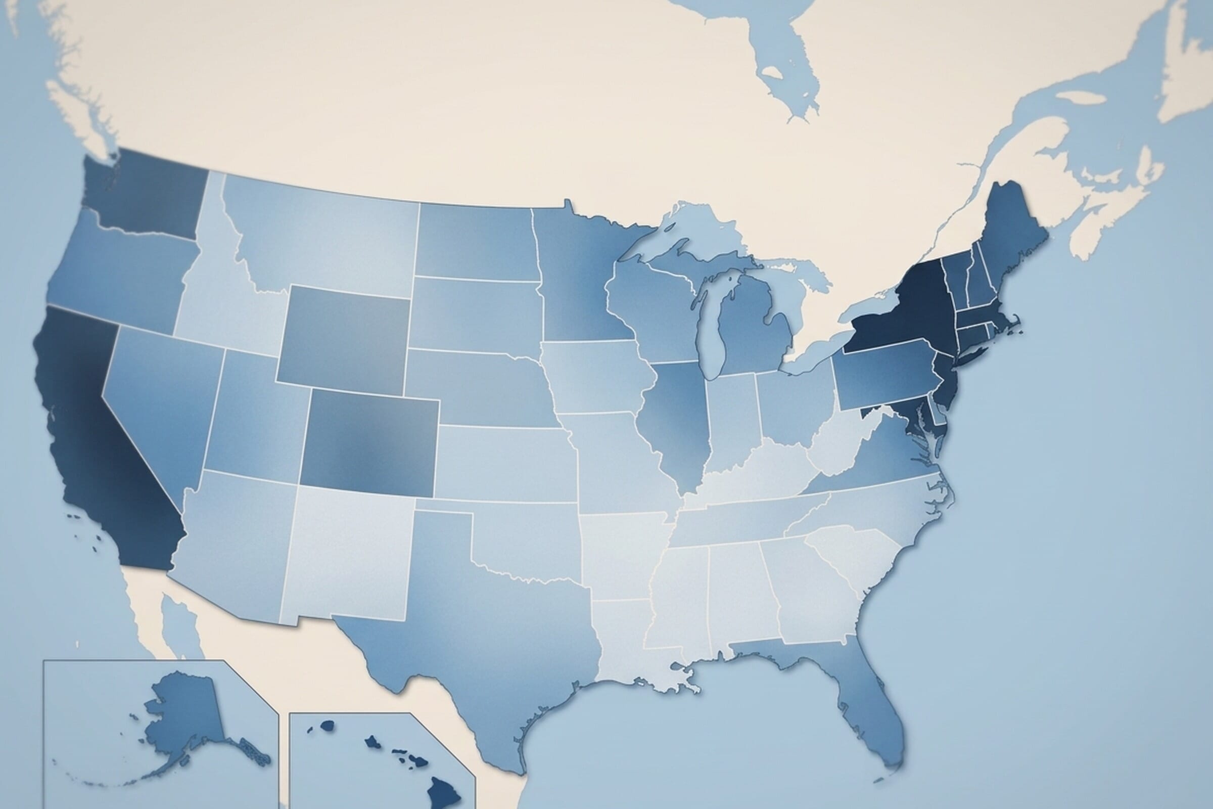 Editorial map illustration of US per-capita personal income 2025 — blue tiers suggest richer states in the Northeast and Pacific; lighter tones across the Southeast and Plains.