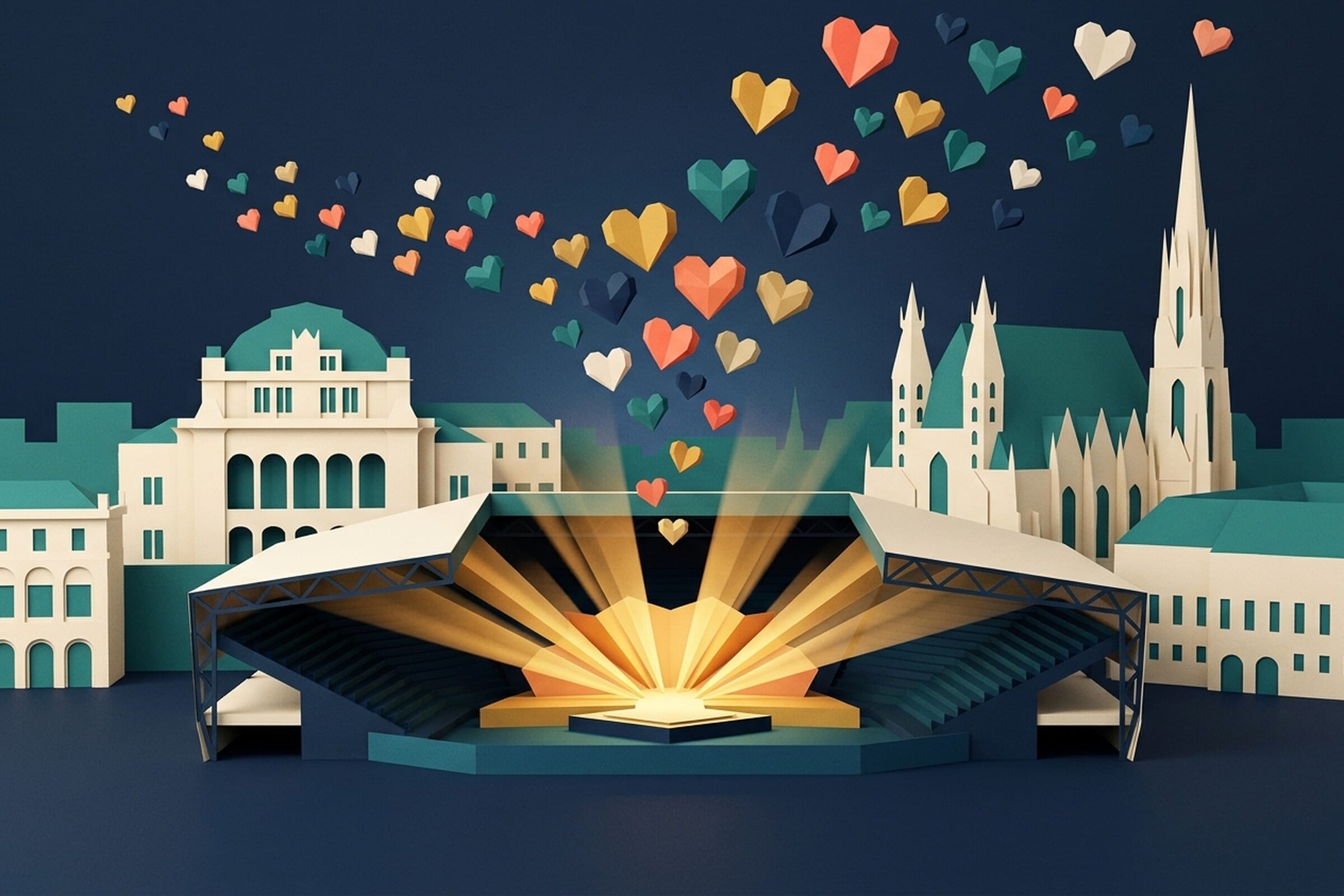 Papercraft illustration of the Vienna skyline at twilight with the Wiener Stadthalle stage glowing gold and a cascade of paper hearts rising into the navy sky