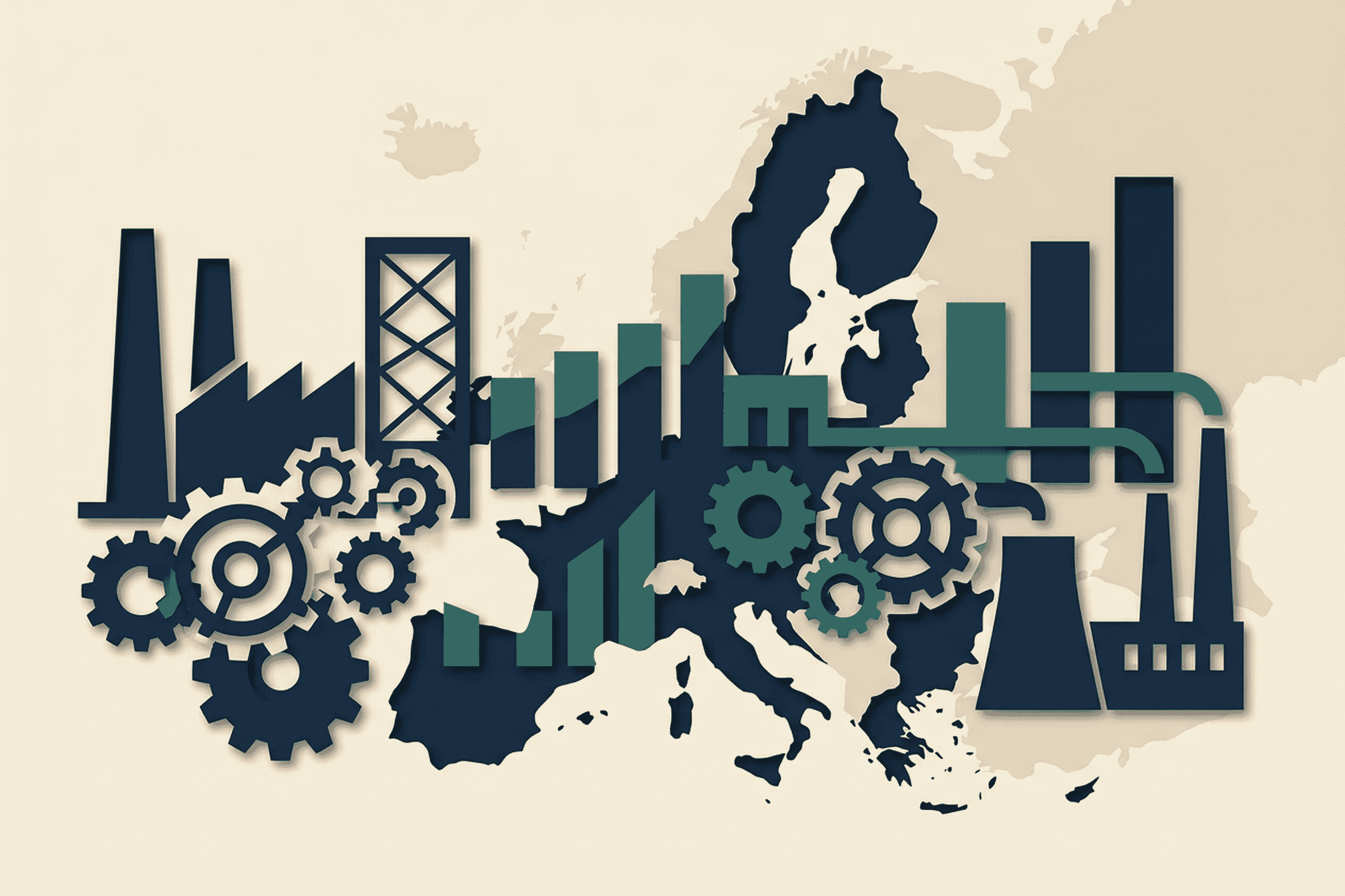 Stylized papercraft hero illustration of European manufacturing strength — layered cut-paper composition with abstract factory silhouettes, smokestacks, gear cogs, and ascending bar shapes in navy and teal