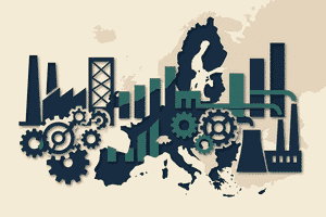 Stylized papercraft hero illustration of European manufacturing strength — layered cut-paper composition with abstract factory silhouettes, smokestacks, gear cogs, and ascending bar shapes in navy and teal