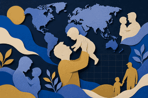 Stylized papercraft hero illustration of fatherhood around the world — layered cut-paper composition with a world map, a faint calendar grid, and warm father-and-child silhouettes in navy, cobalt blue and gold