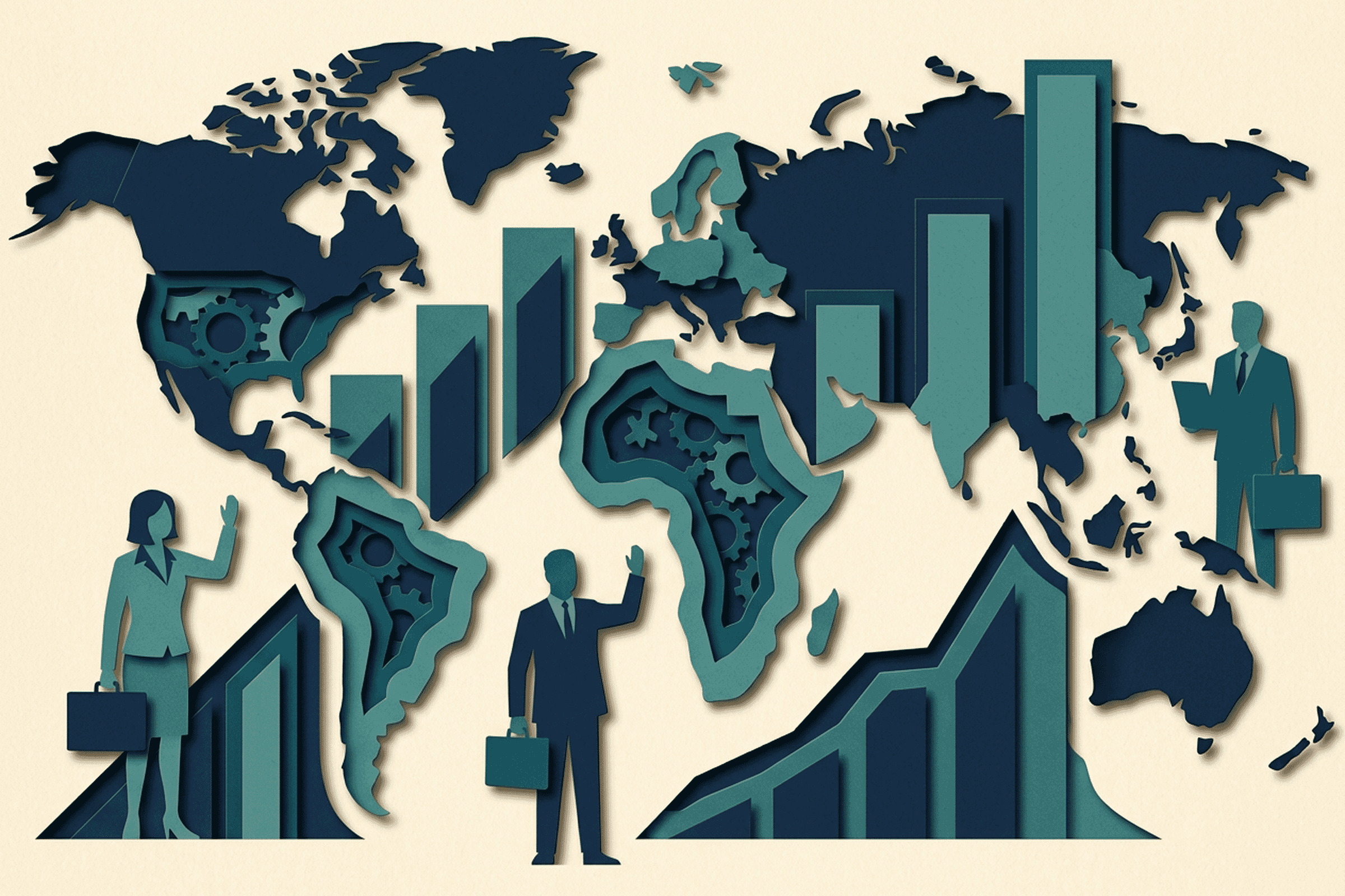 Stylized papercraft hero illustration of global labor economics — layered cut-paper composition with abstract world map fragments, ascending bar shapes, faceless worker silhouettes with briefcases, and gear motifs in navy and teal