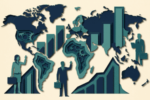 Stylized papercraft hero illustration of global labor economics — layered cut-paper composition with abstract world map fragments, ascending bar shapes, faceless worker silhouettes with briefcases, and gear motifs in navy and teal