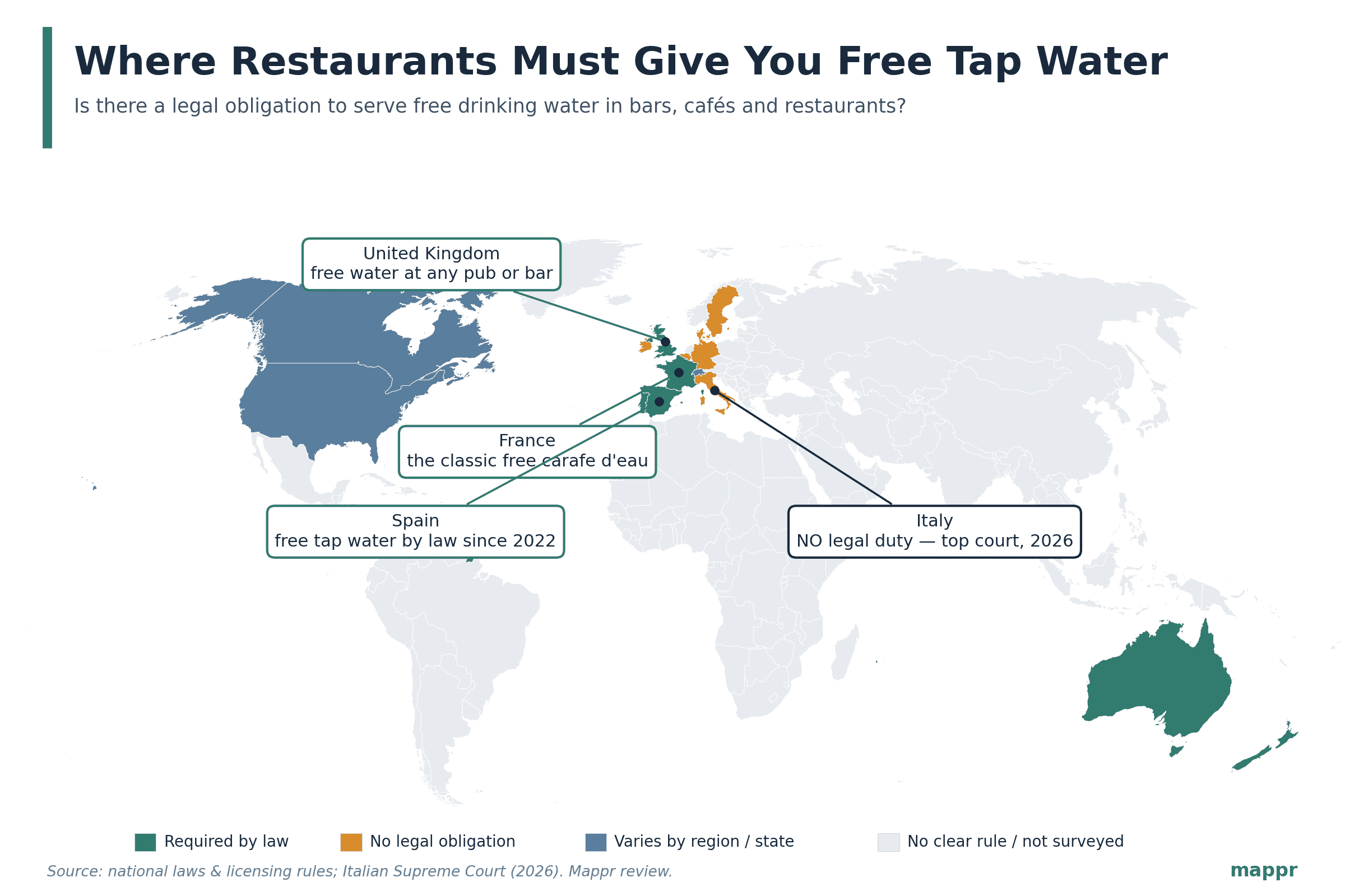 Mapped: Where Restaurants Must Give You Free Tap Water — and Where They Can Refuse
