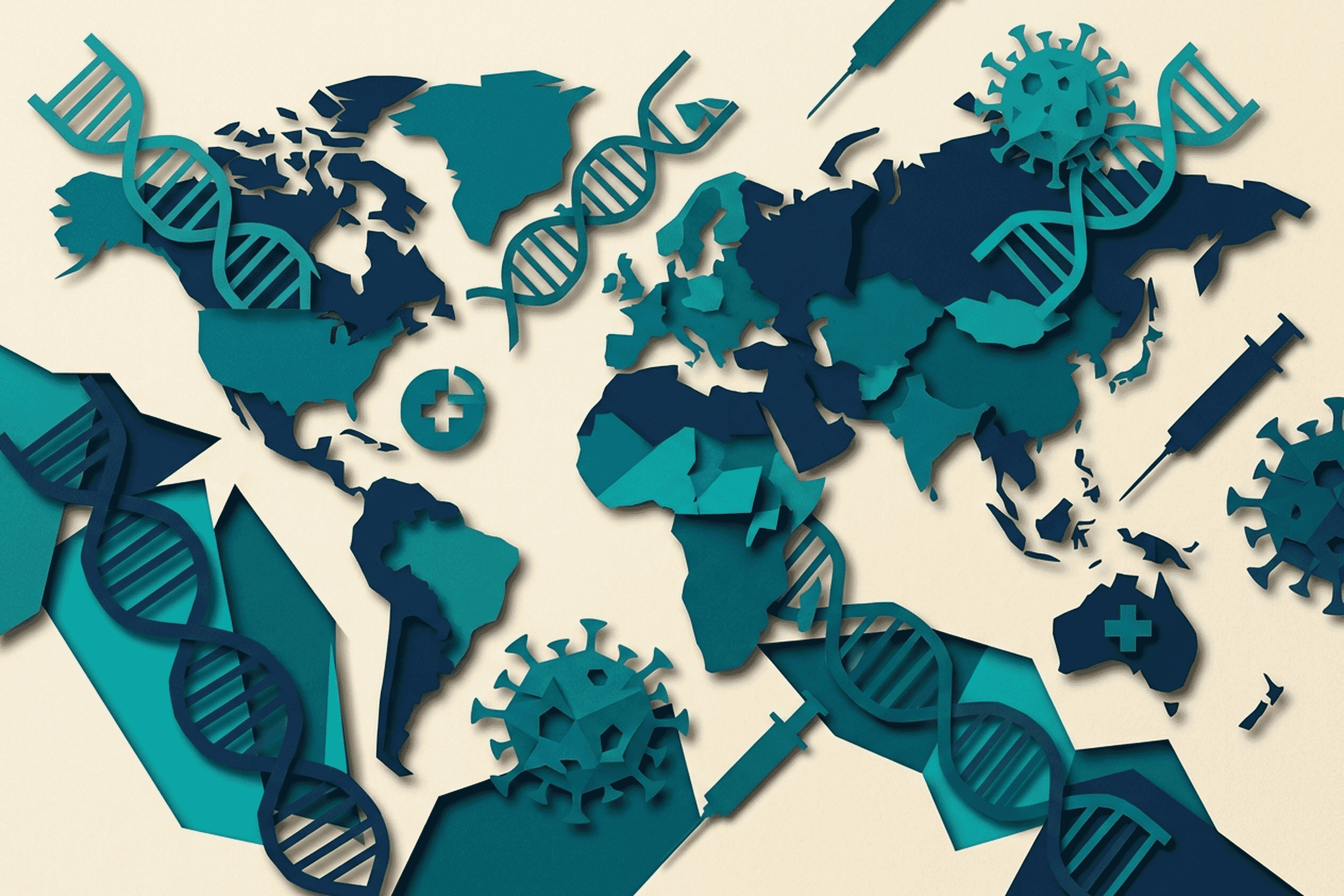 Stylized papercraft hero illustration of global public health — layered cut-paper composition with abstract world map fragments, DNA helixes, microscopic virus shapes, and medical motifs in navy and teal