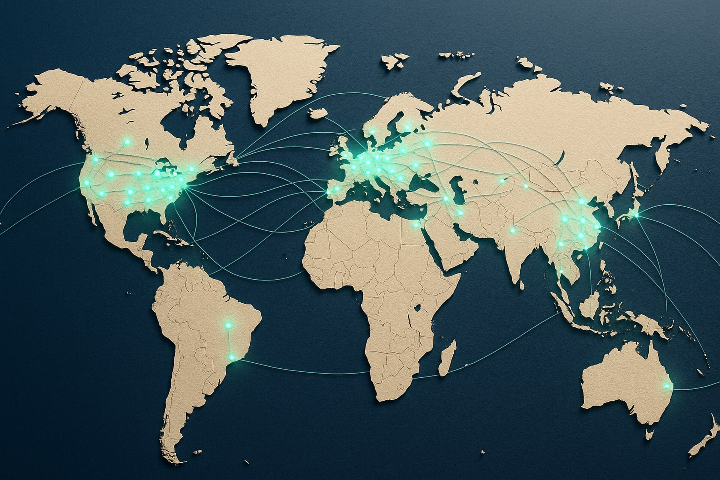 Stylized papercraft world map with luminous teal nodes clustered over Europe, North America and East Asia and sparser nodes over Africa and Central Asia, connected by glowing fiber-strand arcs