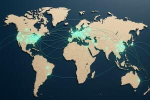 Stylized papercraft world map with luminous teal nodes clustered over Europe, North America and East Asia and sparser nodes over Africa and Central Asia, connected by glowing fiber-strand arcs
