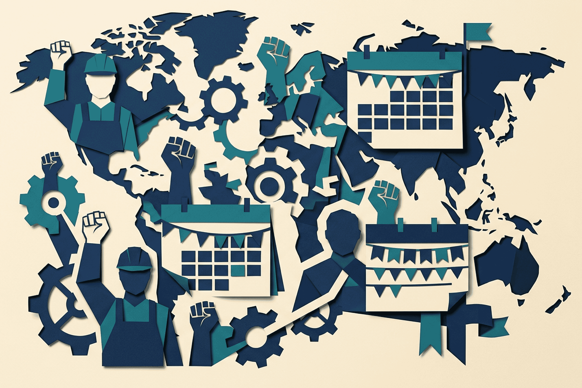 Stylized papercraft hero illustration of global worker solidarity for May 1 Labour Day — layered cut-paper world map with worker silhouettes, raised fists, gears, and calendar elements in navy and teal