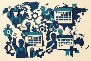 Stylized papercraft hero illustration of global worker solidarity for May 1 Labour Day — layered cut-paper world map with worker silhouettes, raised fists, gears, and calendar elements in navy and teal