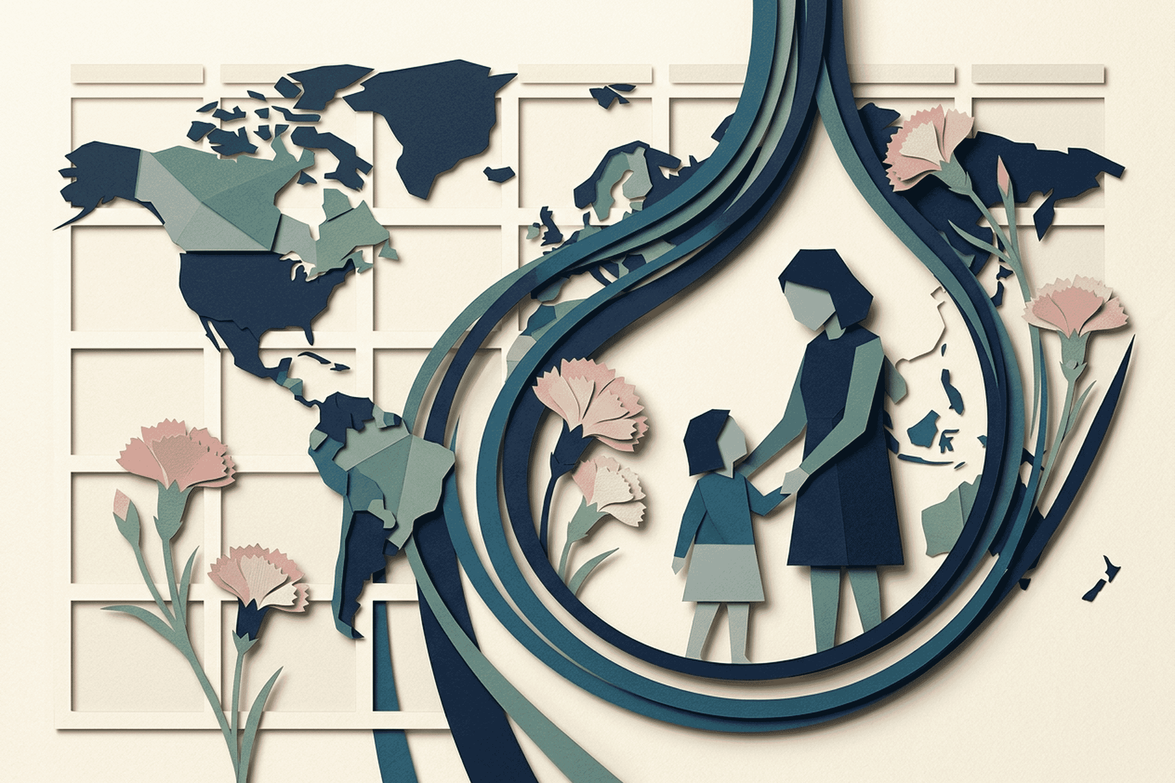 Stylized papercraft hero illustration of global motherhood — layered cut-paper composition with world map fragments, calendar grid, carnation motifs, and abstract parent-child silhouettes in navy and teal