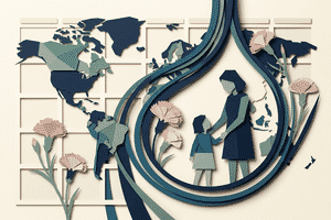 Stylized papercraft hero illustration of global motherhood — layered cut-paper composition with world map fragments, calendar grid, carnation motifs, and abstract parent-child silhouettes in navy and teal