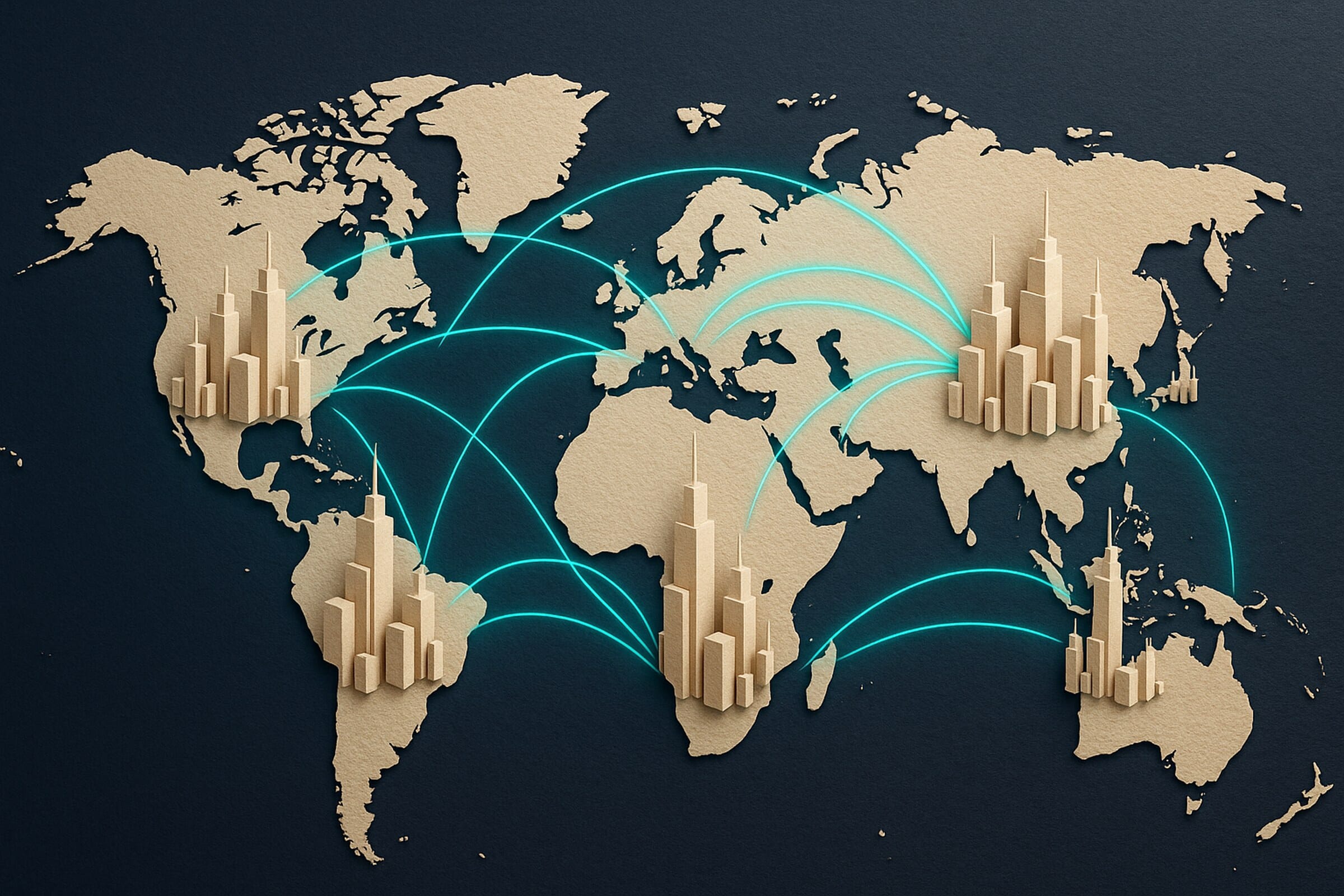 Stylized papercraft world map with paper-cut skyscraper clusters rising over the major MNE-headquartering cities — North America, Europe, East Asia — connected by glowing teal arcs