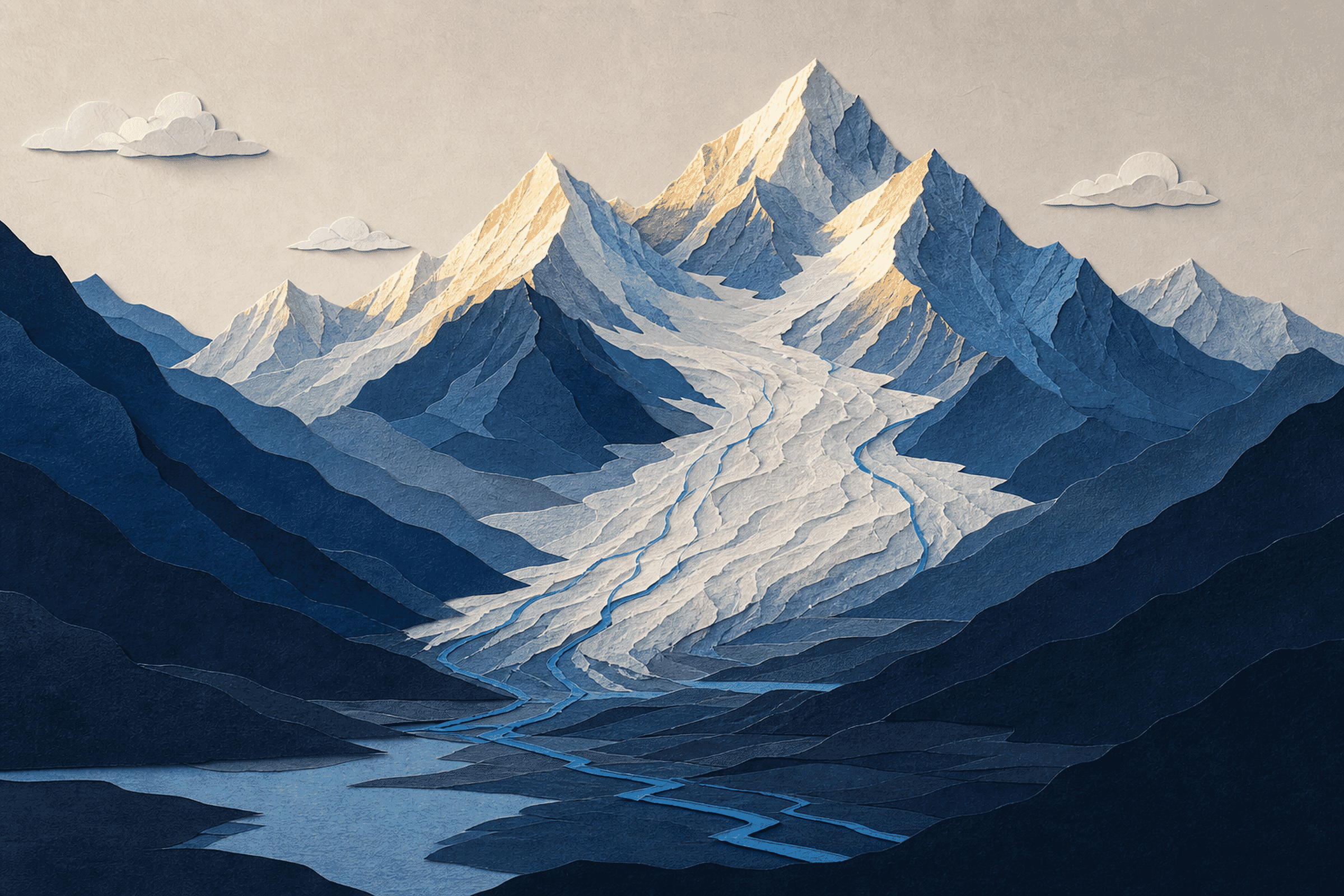 Papercraft illustration of a Pamir mountain glacier in Central Asia — the roof of the world — with meltwater streams flowing down navy and blue paper ridges into a valley, symbolizing the record 2025 ice loss