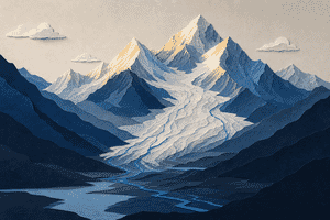Papercraft illustration of a Pamir mountain glacier in Central Asia — the roof of the world — with meltwater streams flowing down navy and blue paper ridges into a valley, symbolizing the record 2025 ice loss