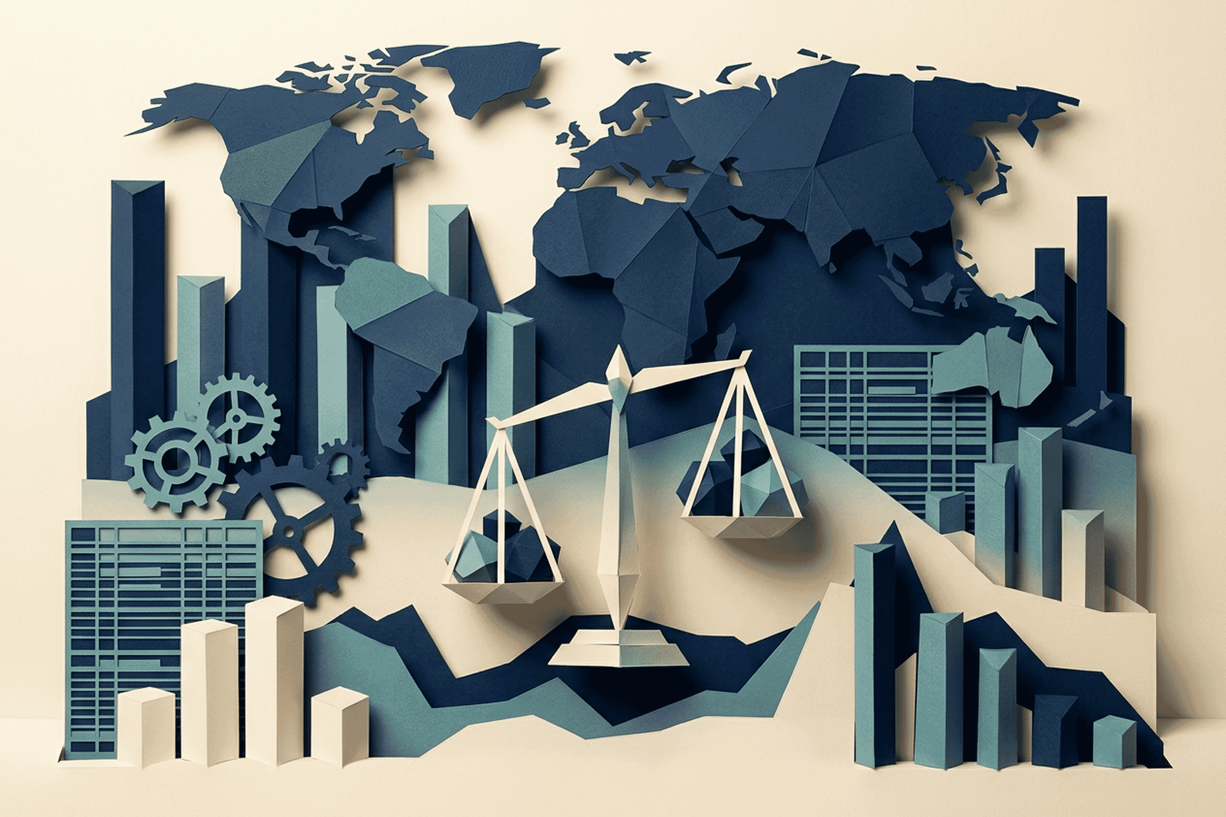 Stylized papercraft hero illustration of global public debt — layered cut-paper composition with world map fragments resting on rising and sinking economic pillars in navy and teal