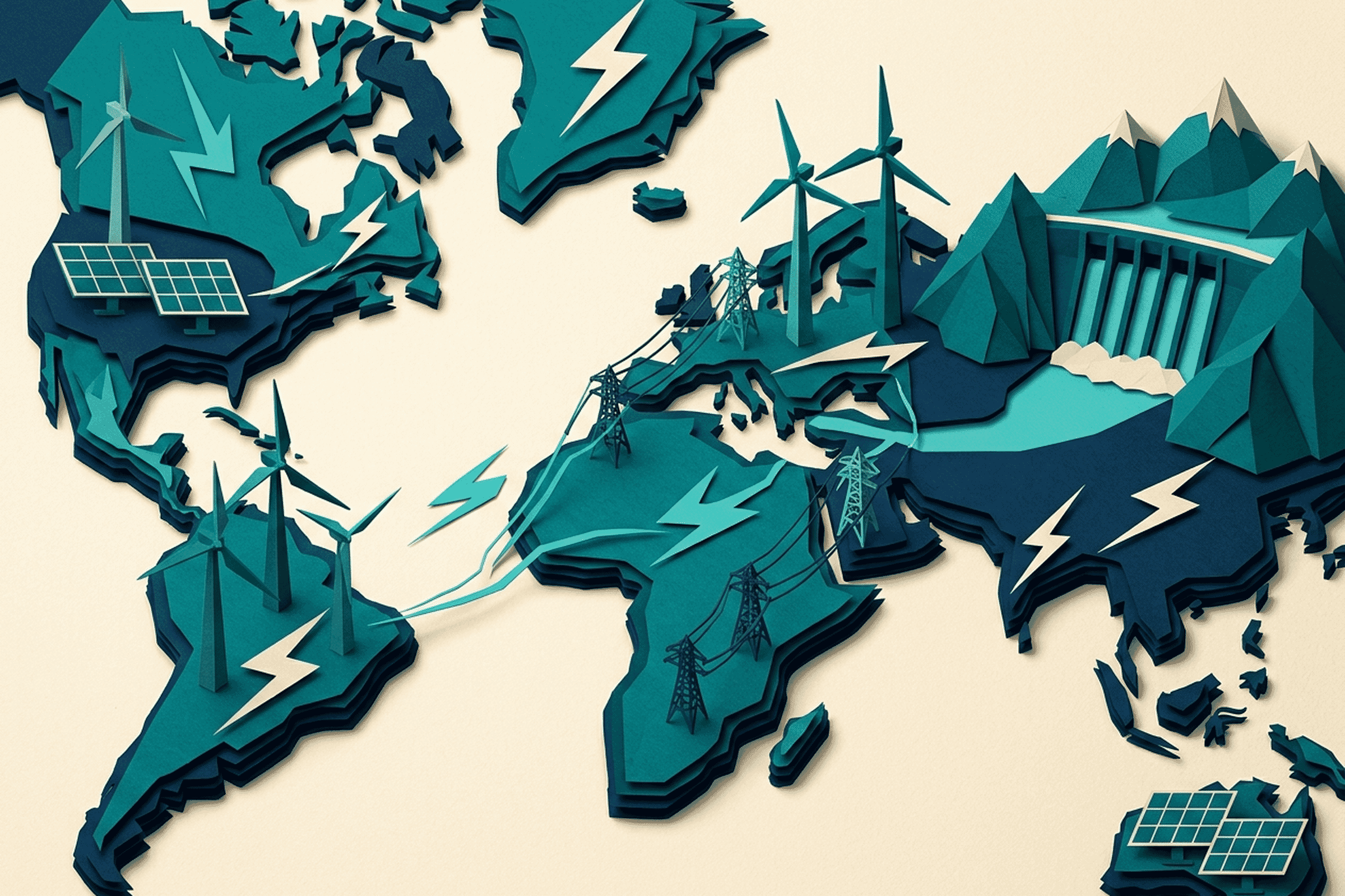 Stylized papercraft hero illustration of renewable electricity worldwide — layered cut-paper composition with wind turbines, solar panels, hydroelectric dams, and world map fragments in teal and navy