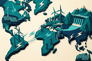 Stylized papercraft hero illustration of renewable electricity worldwide — layered cut-paper composition with wind turbines, solar panels, hydroelectric dams, and world map fragments in teal and navy
