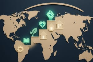 Stylized papercraft world map with twelve glowing teal icons rising in a staircase pattern — representing the pillars of social progress, with the Nordic region glowing strongest