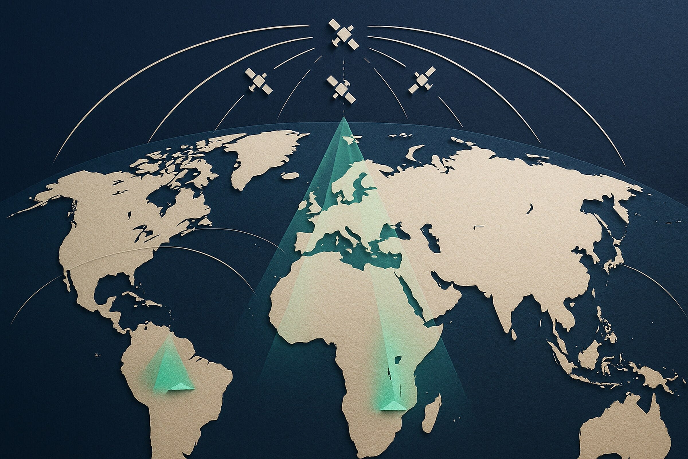 Stylized papercraft world map with low-Earth-orbit satellite trails arcing overhead and luminous teal coverage cones reaching down to remote regions