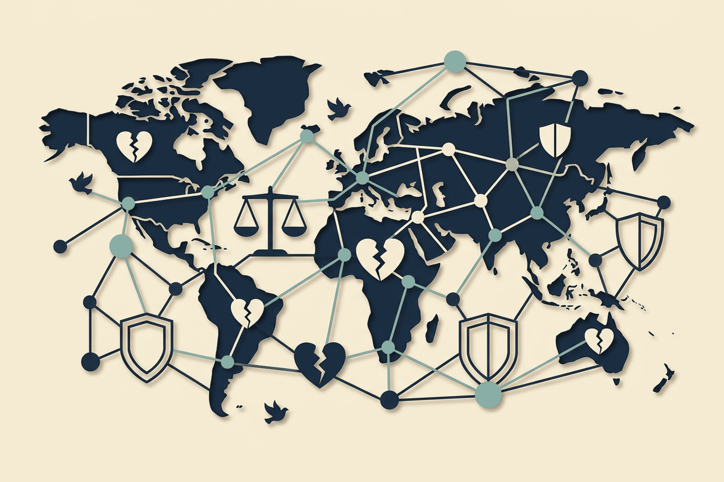 Stylized papercraft hero illustration of global peace and security analysis — layered cut-paper composition with world map fragments, interconnected network nodes, abstract dove silhouettes and shield motifs in navy and teal