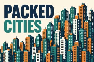 Illustration of densely packed city high-rise towers — most densely populated cities
