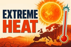 Extreme heat warning illustration over a map of Europe, June 2026 heatwave