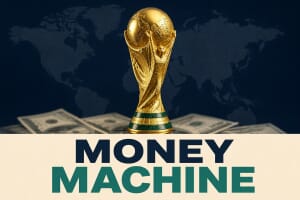 Golden World Cup trophy over a world map with US dollar bills — FIFA World Cup 2026 revenue