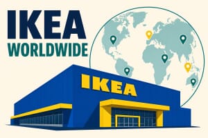 Map illustration of IKEA stores worldwide in 2026 with a blue IKEA store and globe