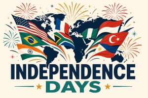 Flags and fireworks over a world map celebrating independence days around the world
