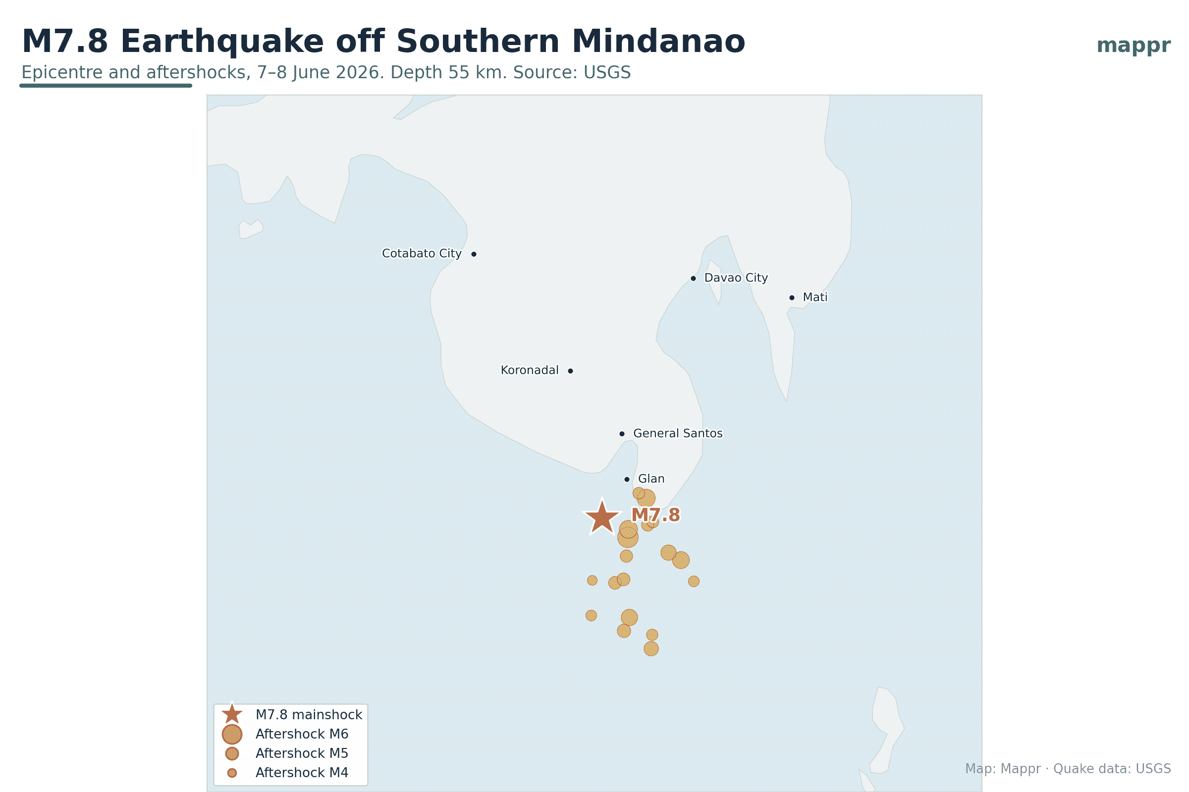 Mapped: M7.8 Earthquake Strikes Off Southern Mindanao, Triggering a Tsunami