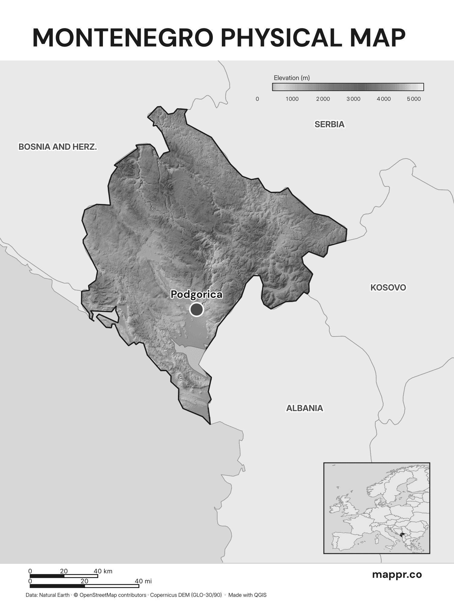 Montenegro Maps Free Printable Maps Of Montenegro Mappr Montenegro Capital Location Map Black And White With Raster 