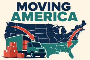 Illustration of Americans moving between states in 2026, moving truck and US map with arrows to the Sun Belt
