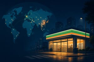 Illustration of a glowing convenience store at night beside a world map with location dots clustered in Asia